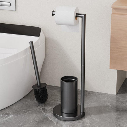 2-in-1 Floor Standing Roll Paper Holder and Toilet Brush For Bathroom and Toilet-Black.
