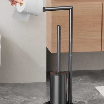2-in-1 Floor Standing Roll Paper Holder and Toilet Brush For Bathroom and Toilet-Black.