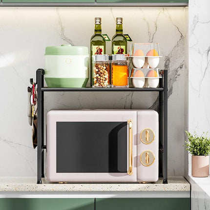 Metal Shelf For Microwave Oven 2 Level Kitchen Storage Rack With 4 Hooks-Black.