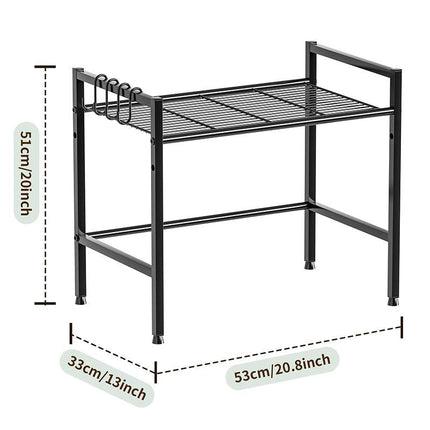 Metal Shelf For Microwave Oven 2 Level Kitchen Storage Rack With 4 Hooks-Black.