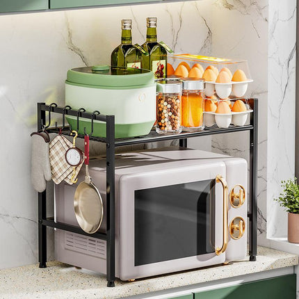 Metal Shelf For Microwave Oven 2 Level Kitchen Storage Rack With 4 Hooks-Black.