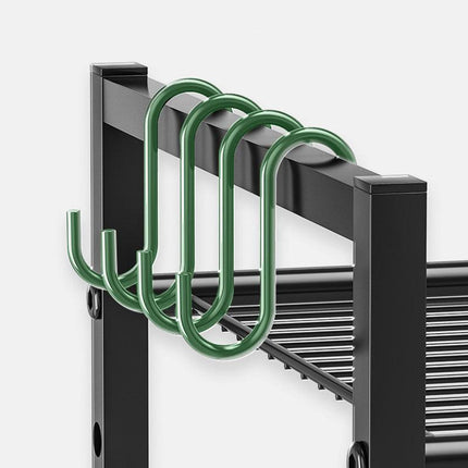 Metal Shelf For Microwave Oven 2 Level Kitchen Storage Rack With 4 Hooks-Black.