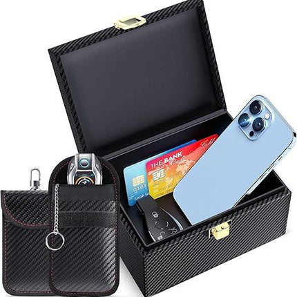 Faraday Box with Faraday Pouch 2 Pack, Keyless Entry Car Key Safe Protector RFID Anti-Theft Signal Blocking Cages-Black-Medium.