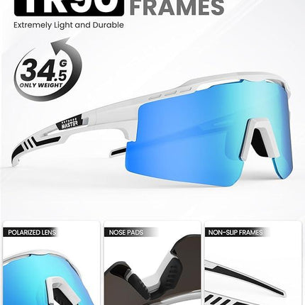 OutdoorMaster Hawk II Polarized Sports Sunglasses for Men Women, TAC 100% UV400 Protection TR90 Frame Cycling Sunglasses, Baseball Running Fishing Golf Glasses-White Frame+revo Blue Cat.3.