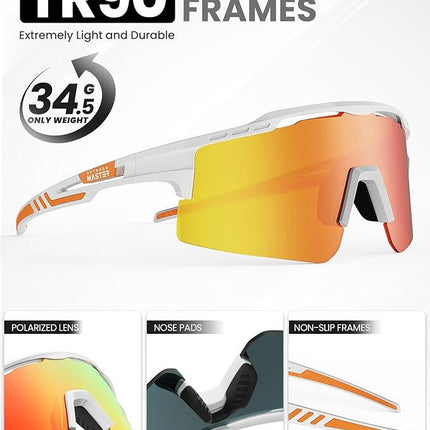 OutdoorMaster Hawk II Polarized Sports Sunglasses for Men Women, TAC 100% UV400 Protection TR90 Frame Cycling Sunglasses, Baseball Running Fishing Golf Glasses-White Frame+revo Red Cat.3,Adult.