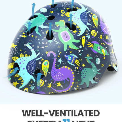OutdoorMaster Youth & Kids Bike Helmet - Adjustable Multi-Sports Skateboard Helmet with Removable Liners for Balance Bike, Kids Scooter, One Wheel Hoverboard,Graffiti-style helmet-Dinoverse Madness-Small.