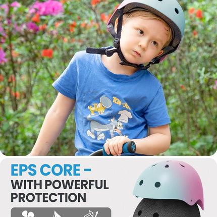 OutdoorMaster Youth & Kids Bike Helmet - Adjustable Multi-Sports Skateboard Helmet with Removable Liners for Balance Bike, Toddler Scooter, One Wheel Hoverboard-Blue pink gradient-Medium.