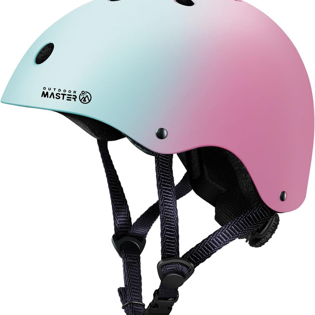 Outdoor Master Youth & Kids Bike Helmet - Adjustable Multi-Sports Skateboard Helmet with Removable Liners for Balance Bike, Toddler Scooter, One Wheel Hoverboard-Blue pink gradient-Small