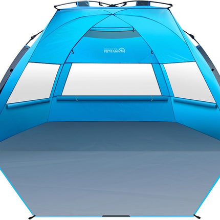 OutdoorMaster Pop Up 3-4 Person Beach Tent X-Large - Easy Setup, Portable Beach Shade Canopy Folding Sun Shelter with UPF 50+ UV Protection Removable Skylight Family Size (Blue).