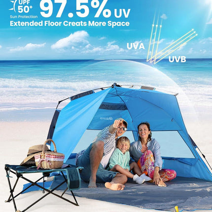OutdoorMaster Pop Up 3-4 Person Beach Tent X-Large - Easy Setup, Portable Beach Shade Canopy Folding Sun Shelter with UPF 50+ UV Protection Removable Skylight Family Size (Blue).