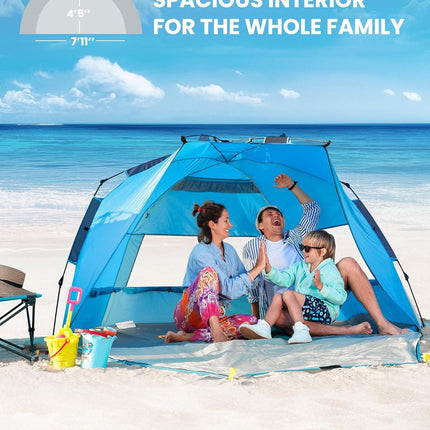 OutdoorMaster Pop Up 3-4 Person Beach Tent X-Large - Easy Setup, Portable Beach Shade Canopy Folding Sun Shelter with UPF 50+ UV Protection Removable Skylight Family Size (Blue).
