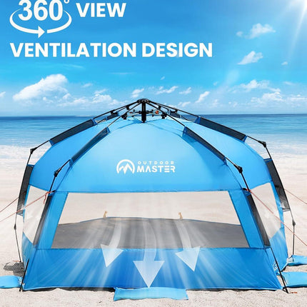 OutdoorMaster Pop Up 3-4 Person Beach Tent X-Large - Easy Setup, Portable Beach Shade Canopy Folding Sun Shelter with UPF 50+ UV Protection Removable Skylight Family Size (Blue).