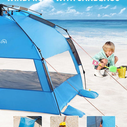 OutdoorMaster Pop Up 3-4 Person Beach Tent X-Large - Easy Setup, Portable Beach Shade Canopy Folding Sun Shelter with UPF 50+ UV Protection Removable Skylight Family Size (Blue).