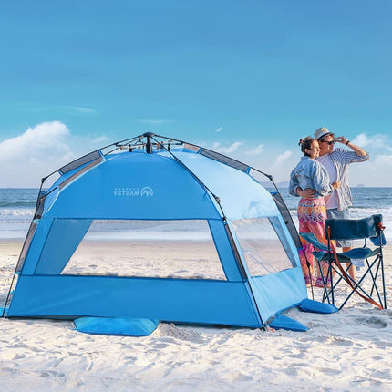 OutdoorMaster Pop Up 3-4 Person Beach Tent X-Large - Easy Setup, Portable Beach Shade Canopy Folding Sun Shelter with UPF 50+ UV Protection Removable Skylight Family Size (Blue).
