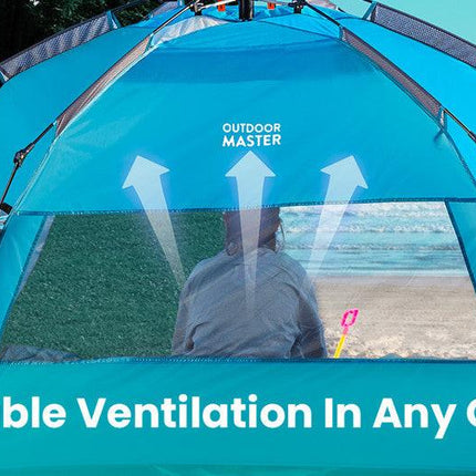 OutdoorMaster Pop Up 3-4 Person Beach Tent X-Large - Easy Setup, Portable Beach Shade Canopy Folding Sun Shelter with UPF 50+ UV Protection Removable Skylight Family Size (Blue).