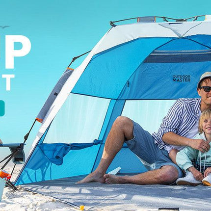OutdoorMaster Pop Up 3-4 Person Beach Tent X-Large - Easy Setup, Portable Beach Shade Canopy Folding Sun Shelter with UPF 50+ UV Protection Removable Skylight Family Size (Blue).