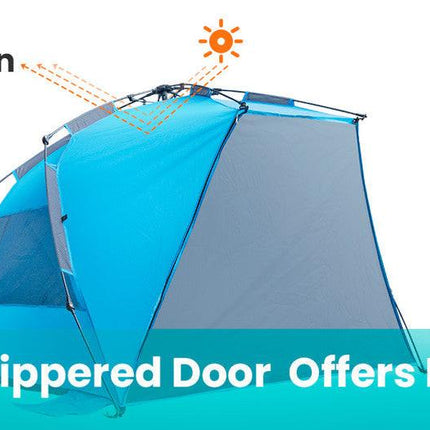 OutdoorMaster Pop Up 3-4 Person Beach Tent X-Large - Easy Setup, Portable Beach Shade Canopy Folding Sun Shelter with UPF 50+ UV Protection Removable Skylight Family Size (Blue).