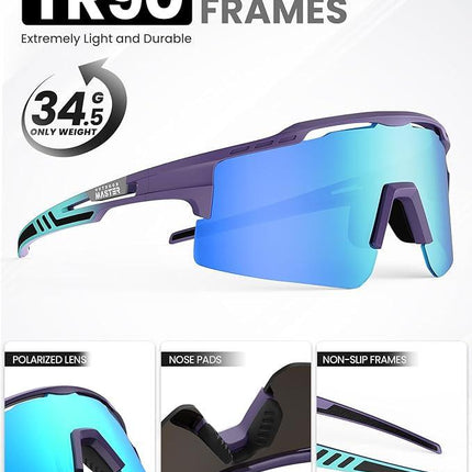 OutdoorMaster Hawk II Polarized Sports Sunglasses for Men Women, TAC 100% UV400 Protection TR90 Frame Cycling Sunglasses, Baseball Running Fishing Golf Glasses-Blue Frame+revo Blue Cat.3,Adult.