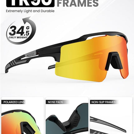 OutdoorMaster Hawk II Polarized Sports Sunglasses for Men Women, TAC 100% UV400 Protection TR90 Frame Cycling Sunglasses, Baseball Running Fishing Golf Glasses-Black Frame+revo Blue Cat.3,Adult.