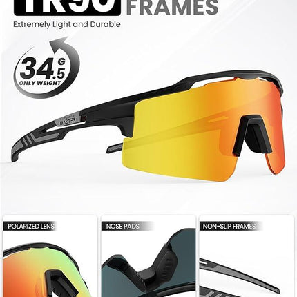 OutdoorMaster Hawk II Polarized Sports Sunglasses for Men Women, TAC 100% UV400 Protection TR90 Frame Cycling Sunglasses, Baseball Running Fishing Golf Glasses-Black Frame+revo Blue Cat.3,Adult.