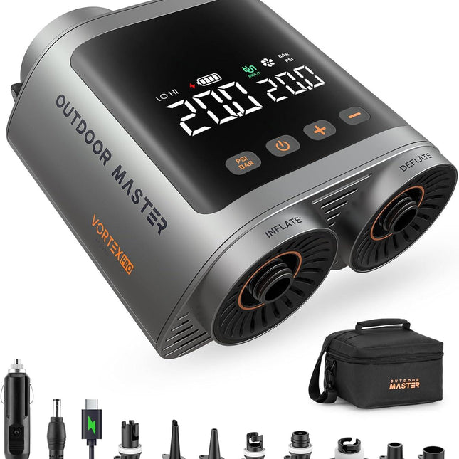 OutdoorMaster Vortex Pro 57.7Wh Rechargeable Paddle Board Pump Portable, Electric SUP Pump Battery for 3 SUPs Inflation & Deflation, Max 20PSI 12V/15.8V DC & Type-C Input, 8 Nozzles for Inflatables.