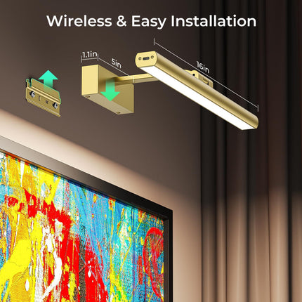 Wireless Picture Lights for Wall, Battery Operated Wall Light for Painting Rechargeable CCT Rotatable Art Gallery Light with Remote Dimmable Timer for Artwork Frame Display Dartboard (Gold, 16inch).