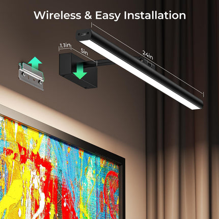Wireless Picture Lights for Wall, Battery Operated Wall Light for Painting Rechargeable CCT Rotatable Art Gallery Light with Remote Dimmable Timer for Artwork Frame Display Dartboard (Black, 24inch).