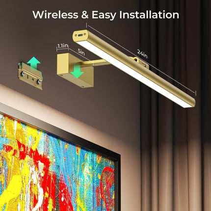 Wireless Picture Lights for Wall, Battery Operated Wall Light for Painting Rechargeable CCT Rotatable Art Gallery Light with Remote Dimmable Timer for Artwork Frame Display Dartboard (Gold, 24inch).