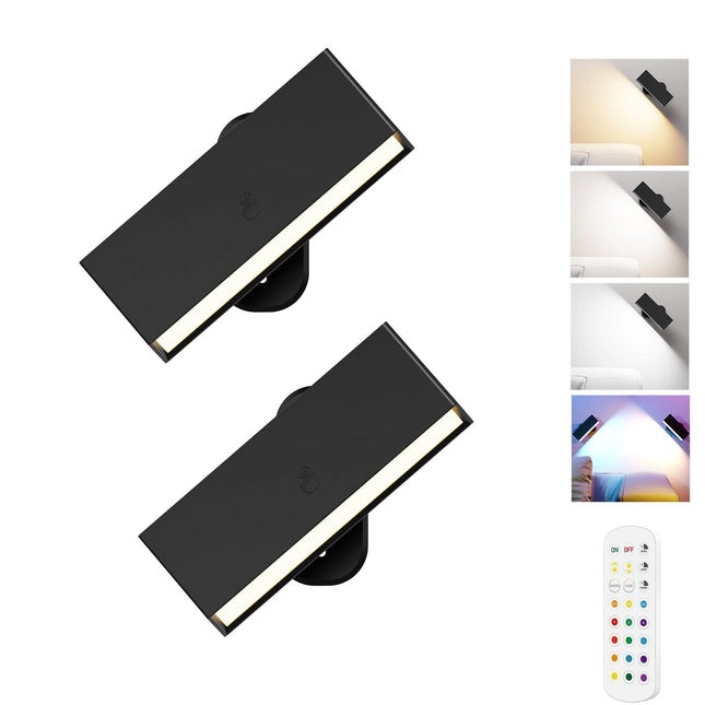 LED Wall Lights 2 Pack with Remote,Wall Sconces Lamp 3000mAh Rechargeable Battery Operated,3 Color Temperatures & 12 RGB Dimmable Magnetic 360° Rotation Cordless Light (Black).