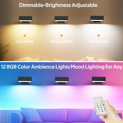 LED Wall Lights 2 Pack with Remote,Wall Sconces Lamp 3000mAh Rechargeable Battery Operated,3 Color Temperatures & 12 RGB Dimmable Magnetic 360° Rotation Cordless Light (Black).