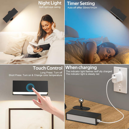 LED Wall Lights 2 Pack with Remote,Wall Sconces Lamp 3000mAh Rechargeable Battery Operated,3 Color Temperatures & 12 RGB Dimmable Magnetic 360° Rotation Cordless Light (Black).