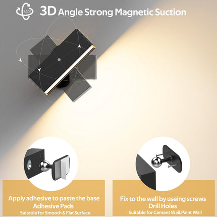 LED Wall Lights 2 Pack with Remote,Wall Sconces Lamp 3000mAh Rechargeable Battery Operated,3 Color Temperatures & 12 RGB Dimmable Magnetic 360° Rotation Cordless Light (Black).