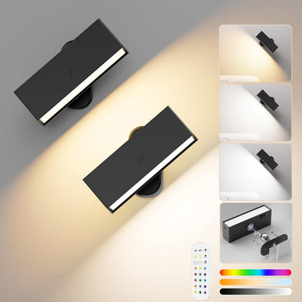 LED Wall Lights 2 Pack with Remote,Wall Sconces Lamp 3000mAh Rechargeable Battery Operated,3 Color Temperatures & 12 RGB Dimmable Magnetic 360° Rotation Cordless Light (Black).