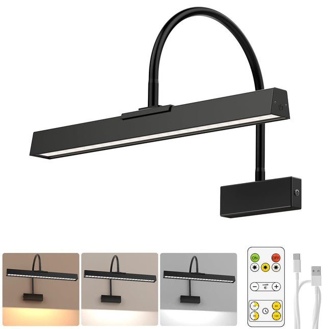 Picture Frame Light with Remote, Wireless 16 Inch Black Art Light, Battery Operated Picture Light with 3 CCT, Dimmable and Timer Wall Picture Lights for Painting, Wall, Gallery, Artwork, Frame.
