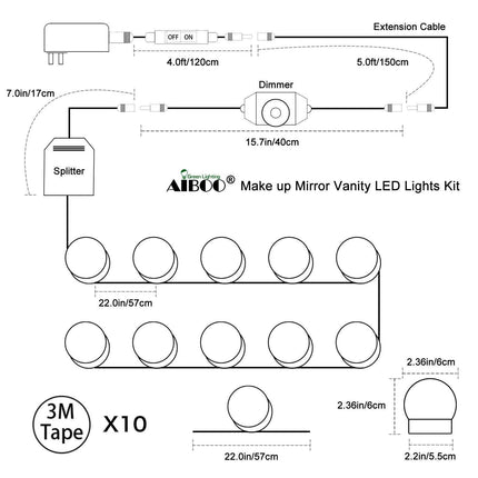 Hollywood Super Star Style Makeup Mirror Vanity LED Light Bulbs Kit for Dressing Table Dimmable & Plug in, Linkable and Flexible Strip, Mirror Not Included.