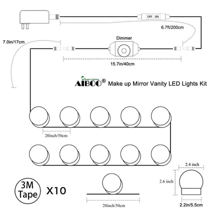 Hollywood Super Star Style Makeup Mirror Vanity LED Light Bulbs Kit for Dressing Table Dimmable & Plug in, Linkable and Flexible Strip, Mirror Not Included.