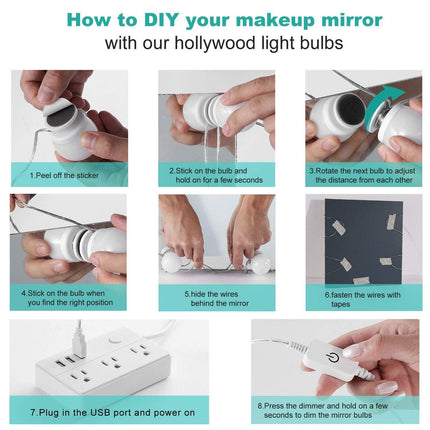 Dimmable Hollywood Style Lighted Vanity Makeup Mirror, LED Vanity Mirror Lights Kit with USB Port for Dressing Table, Mirror Not Included (4000K Natural White 6 Bulbs 5V USB).