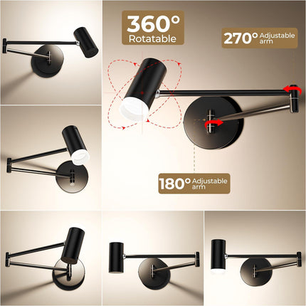Battery Operated Wall Sconces Set of 2, Swing Arm Wall Lamp with Remote Control, Not Hardwired Led Wall Lamp Fixtures Dimmable Wall Light Decor for Bedroom Reading Living Room.