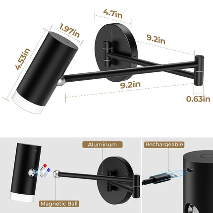 Battery Operated Wall Sconces Set of 2, Swing Arm Wall Lamp with Remote Control, Not Hardwired Led Wall Lamp Fixtures Dimmable Wall Light Decor for Bedroom Reading Living Room.