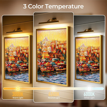 Wall Picture Light, 24in Battery-Powered Gallery Light for Artwork, CCT Dimmable Rechargeable Battery Wall Lamp with Remote Control for Living Room, Gallery, and Dartboard (Gold).