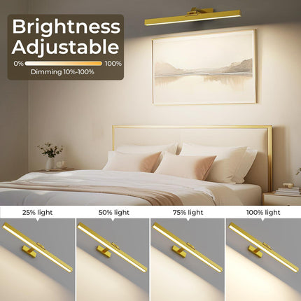 Wall Picture Light, 24in Battery-Powered Gallery Light for Artwork, CCT Dimmable Rechargeable Battery Wall Lamp with Remote Control for Living Room, Gallery, and Dartboard (Gold).