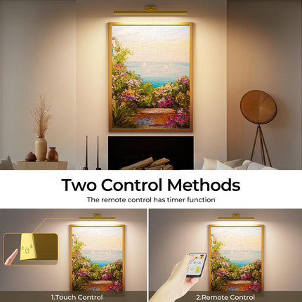 Wall Picture Light, 24in Battery-Powered Gallery Light for Artwork, CCT Dimmable Rechargeable Battery Wall Lamp with Remote Control for Living Room, Gallery, and Dartboard (Gold).