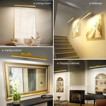 Wall Picture Light, 24in Battery-Powered Gallery Light for Artwork, CCT Dimmable Rechargeable Battery Wall Lamp with Remote Control for Living Room, Gallery, and Dartboard (Gold).