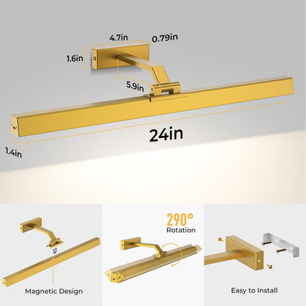 Wall Picture Light, 24in Battery-Powered Gallery Light for Artwork, CCT Dimmable Rechargeable Battery Wall Lamp with Remote Control for Living Room, Gallery, and Dartboard (Gold).