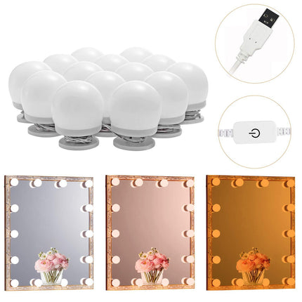 LED Makeup Vanity Lights with 14 Dimmable Light Bulbs, Hollywood Style Cosmetic Mirror Lights, USB Cable, 3 Color Modes for Dressing Room Tabletop Bedroom.