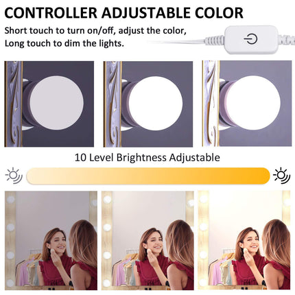 LED Makeup Vanity Lights with 14 Dimmable Light Bulbs, Hollywood Style Cosmetic Mirror Lights, USB Cable, 3 Color Modes for Dressing Room Tabletop Bedroom.