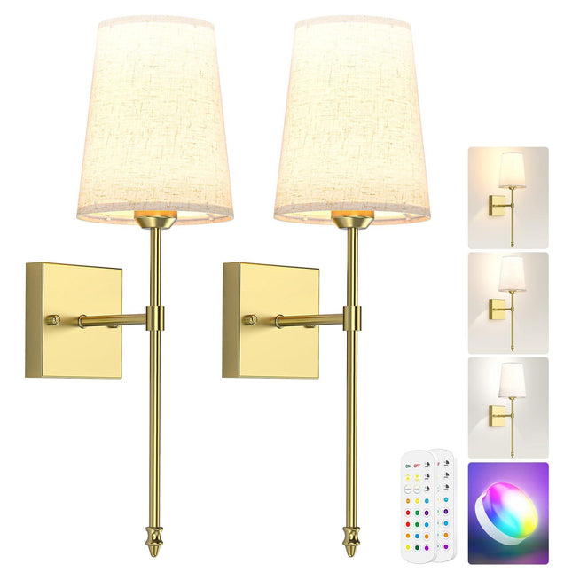 Battery Operated Wall Sconce, 5000mAh Rechargeable Dimmable RGB Wall Sconce Set of 2 with Remote, 3 Color Temperature Indoor Battery Powered Wall Lamp Light for Bedroom Living Room.