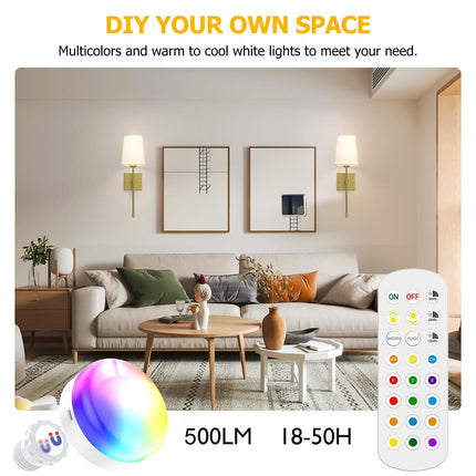 Battery Operated Wall Sconce, 5000mAh Rechargeable Dimmable RGB Wall Sconce Set of 2 with Remote, 3 Color Temperature Indoor Battery Powered Wall Lamp Light for Bedroom Living Room.