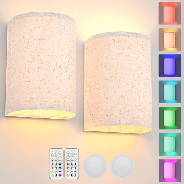 Battery Operated Wall Lights, 2 Pack Boho Decor with Remote Control, RGB Color Rustic Wall Sconces, Fabric Linen Shade Lighting.