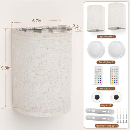 Battery Operated Wall Lights, 2 Pack Boho Decor with Remote Control, RGB Color Rustic Wall Sconces, Fabric Linen Shade Lighting.